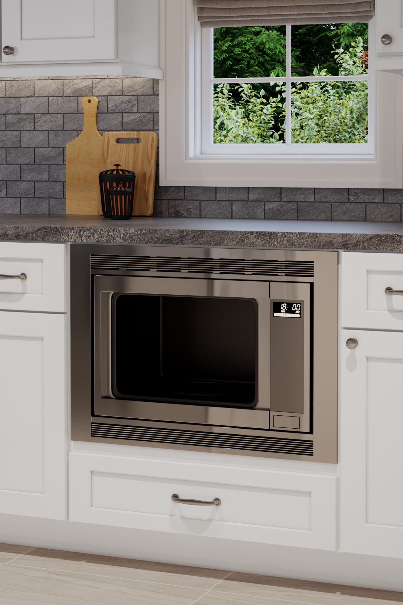 White cabinetry with built-in appliances